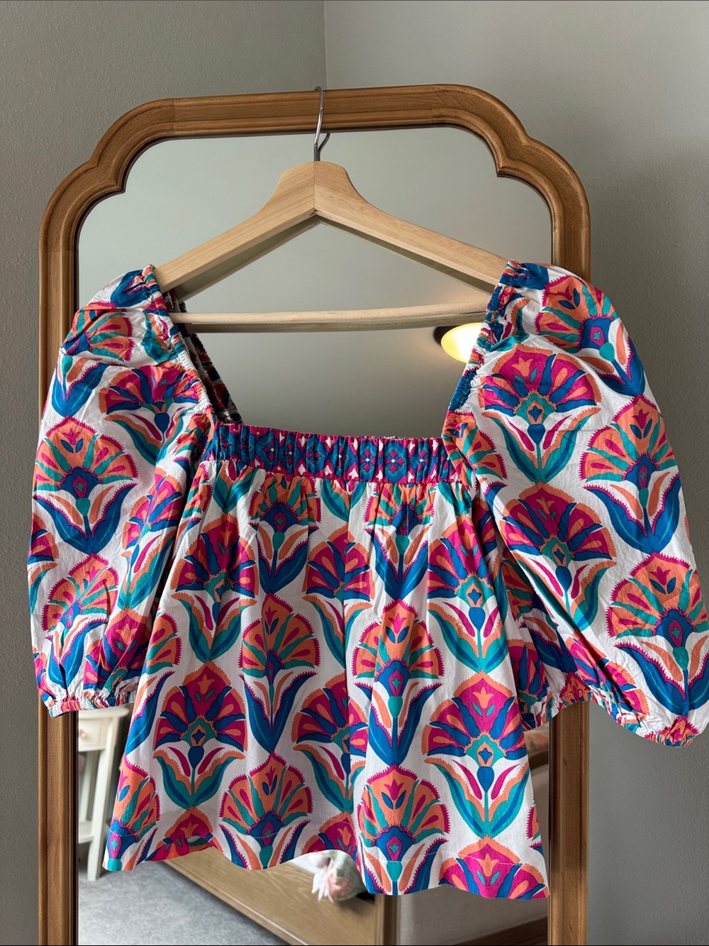 NWT Printfresh Multicolor Smocked Square-Neck Puff Sleeve Blouse MED